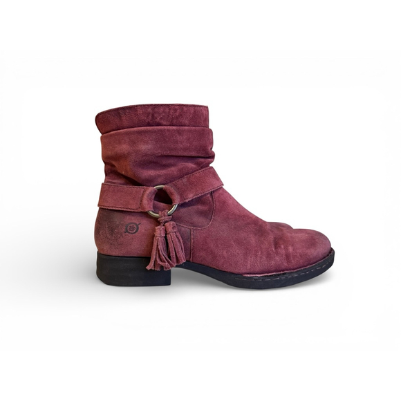 Born Shoes - Born Women’s Burgundy Suede Ankle Boots Tassel O-Ring Strap Size 9M